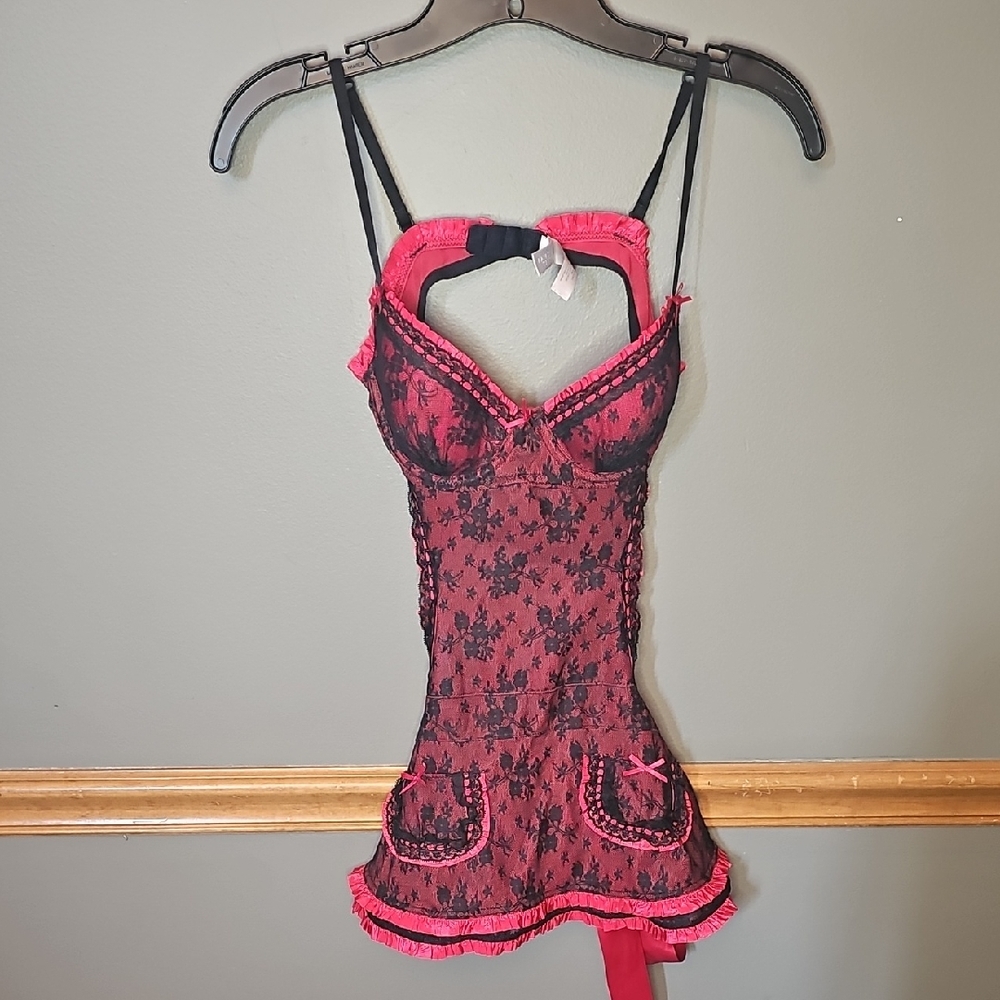 Victoria's Secret Black and Pink Lace Chemise